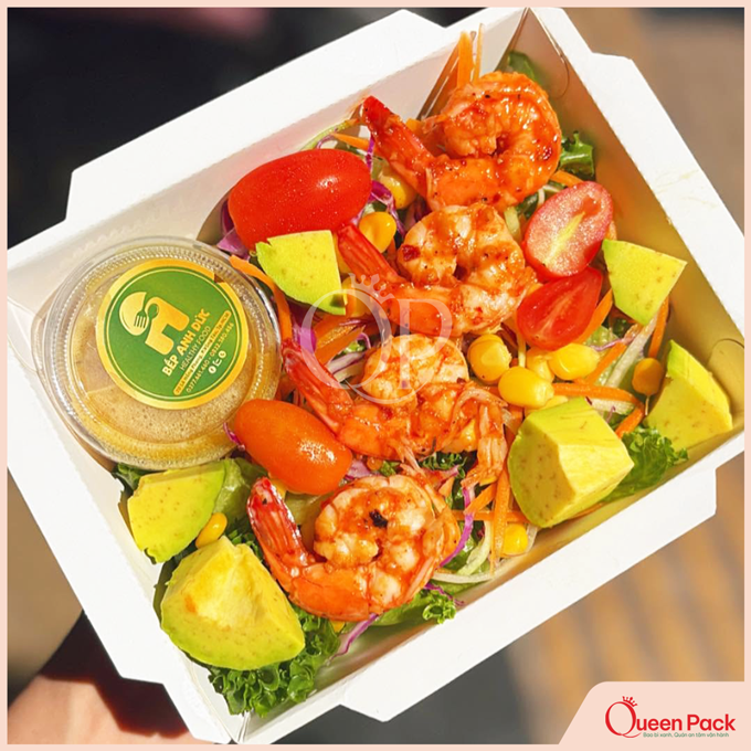 Hộp giấy kraft nắp PE đựng tôm sốt healthy.