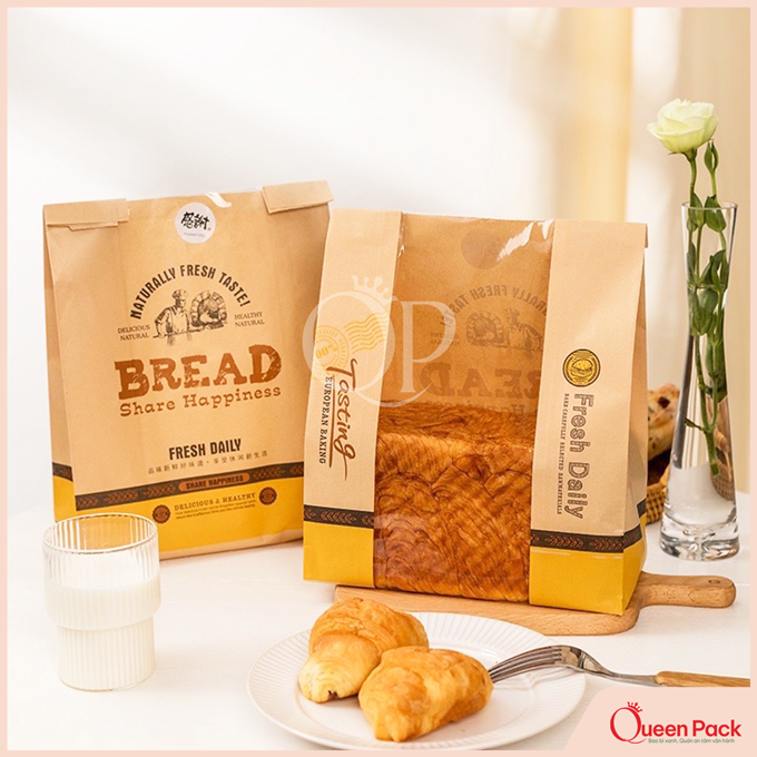 Mẫu túi giấy đựng bánh mì chống dầu ngang, phù hợp bánh mì hoa cúc và bánh bakery